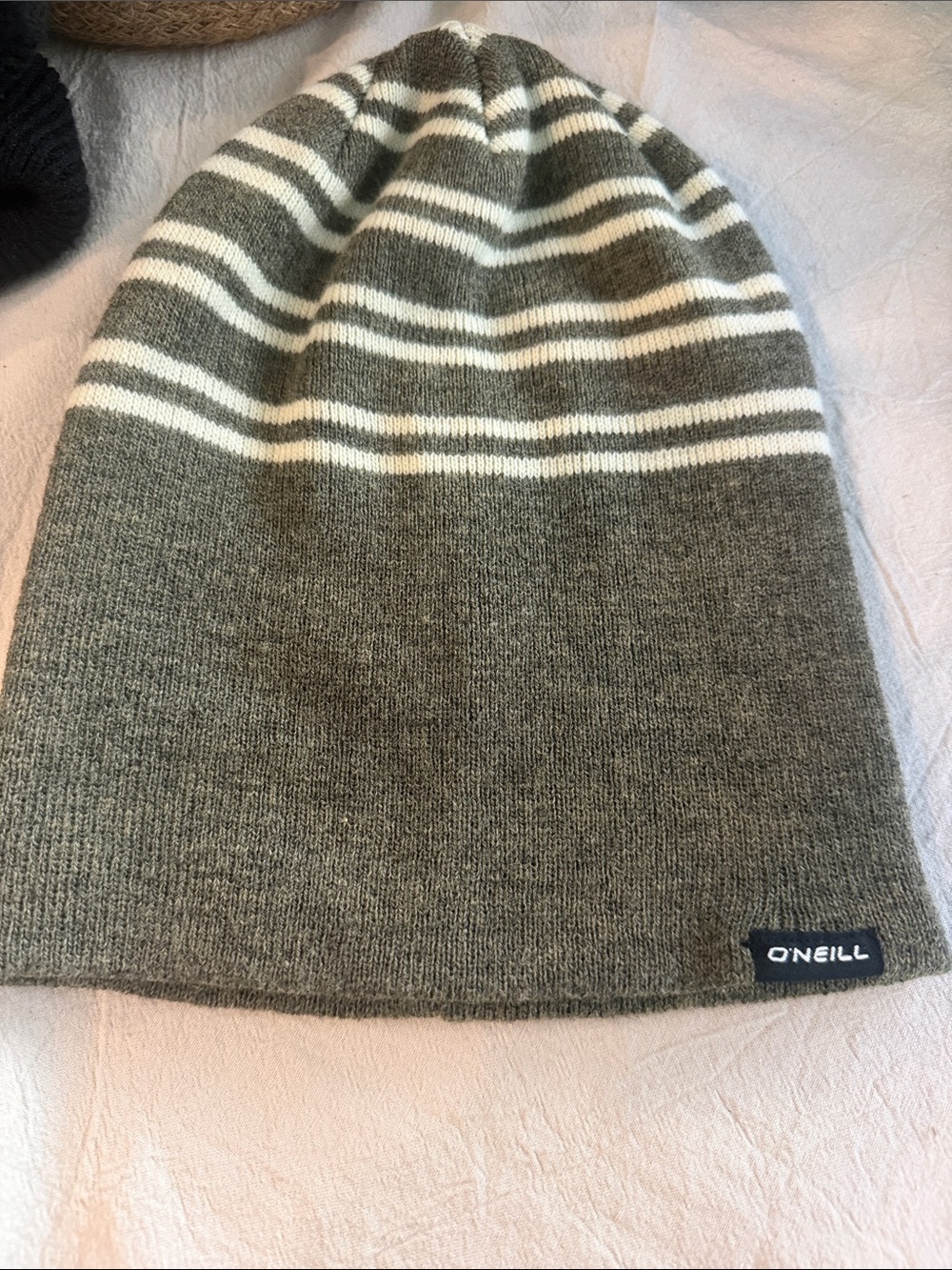 O'Neill Olive Green & White Striped Knit Beanie